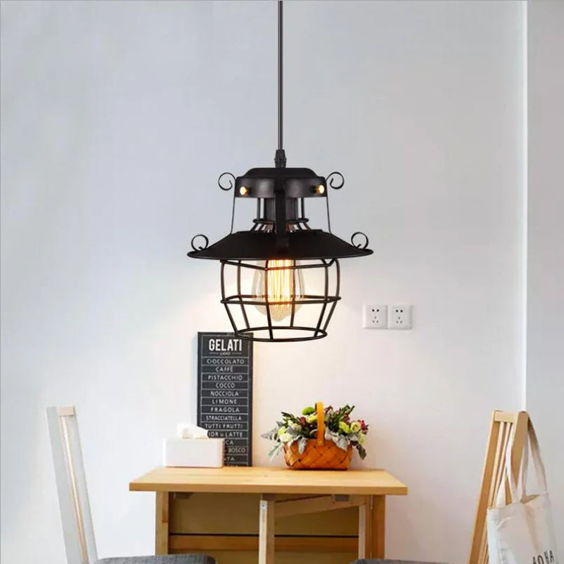 Axya Black Metal Cage Pendant Light - Retro Loft Kitchen Hanging Lamp