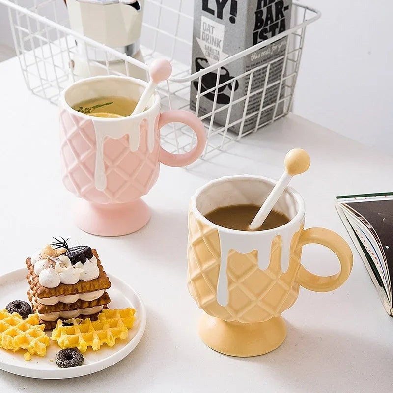 Axyaa Ceramic Ice Cream Coffee Cup with Spoon, High Beauty Milk Cup