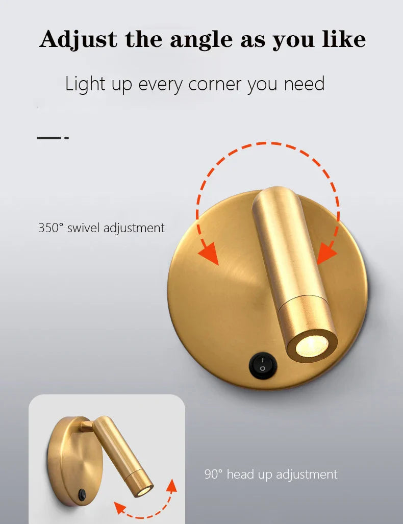 Axyaa Nordic Rotating Wall Lamp Sconce, Modern Minimalist Spotlight 3W Black Brass