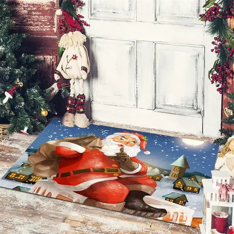 Axyaa Christmas Home Decoration Door Mat with Santa Snowman Tree Print