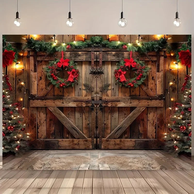 Rustic Farmhouse Wooden Door Christmas Tree Wall Tapestry by Axyaa