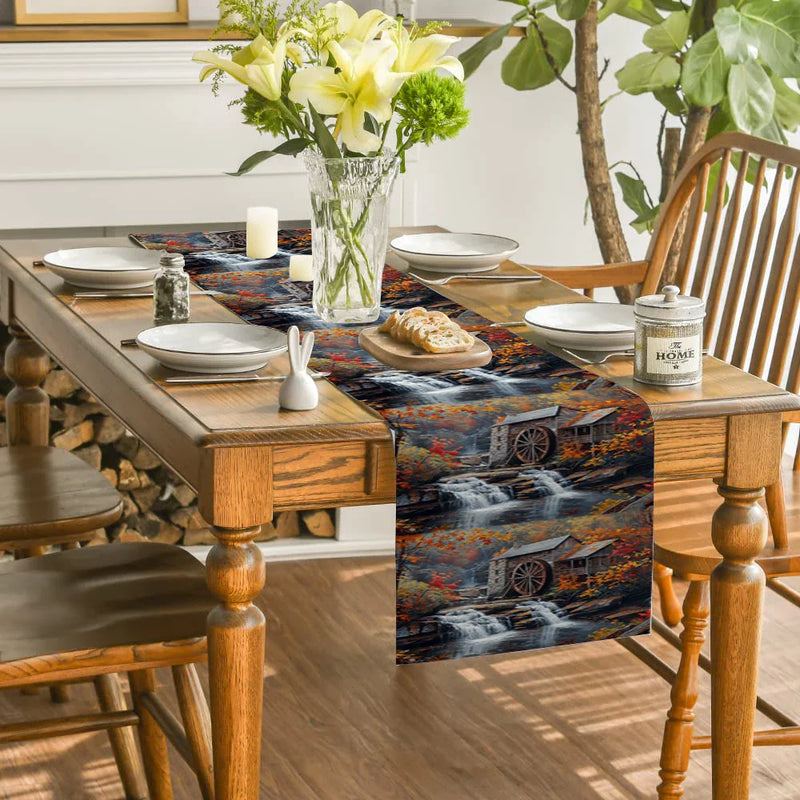 Axyaa Wooden Forest Table Runner: Autumn Scenery River Building Kitchen Dining Decoration