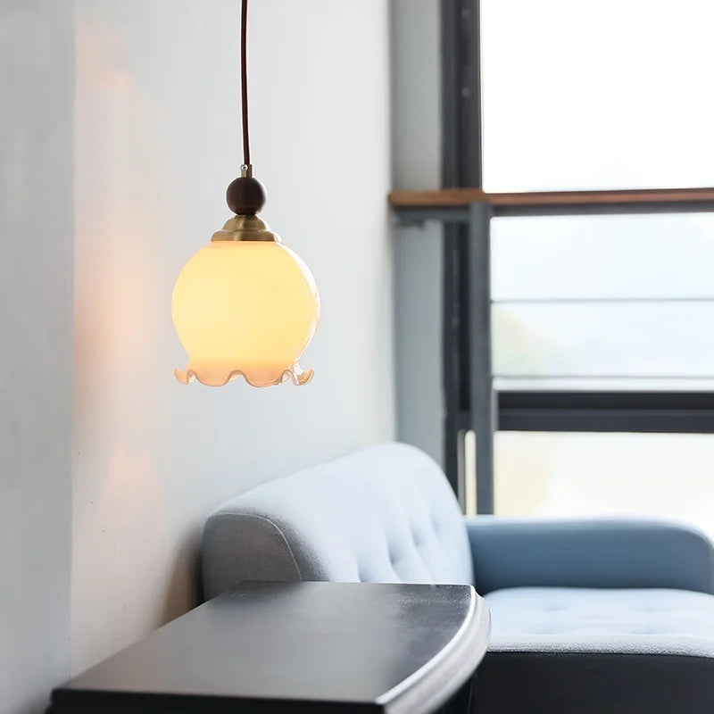 Axyaa White Glass Wood LED Pendant Lights - Adjustable Indoor Hanging Lamp