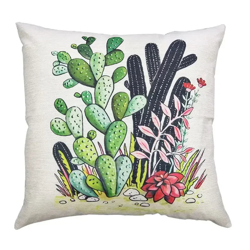 Axyaa Cactus Linen Cushion Cover 45x45cm for Home Decor - Green Plant Pillow Cover