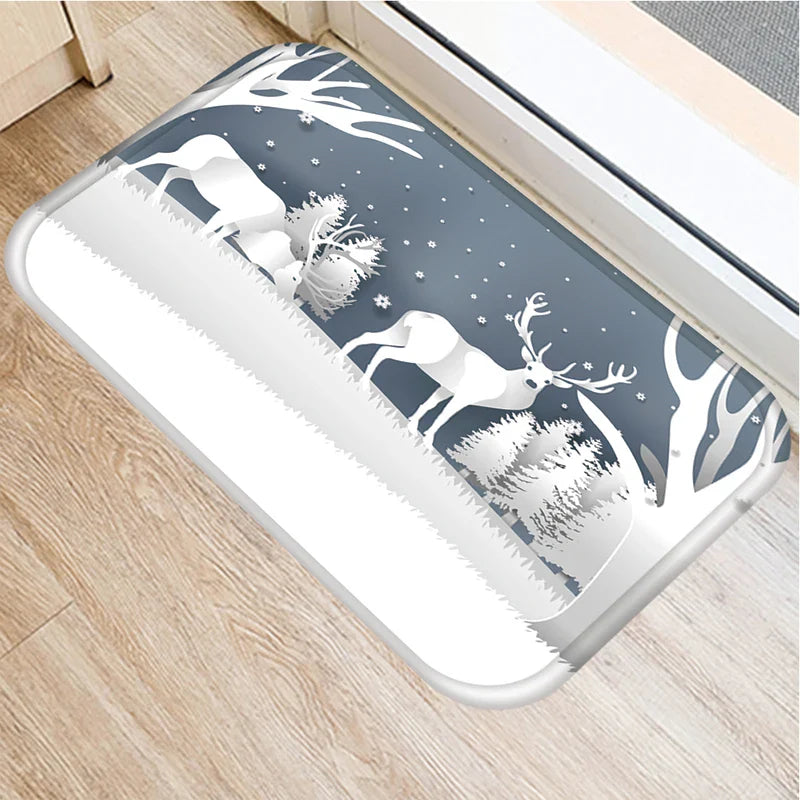 Axyaa Christmas Snow Deer Print Door Mat Non-Slip Floor Carpet - Home New Year Decoration