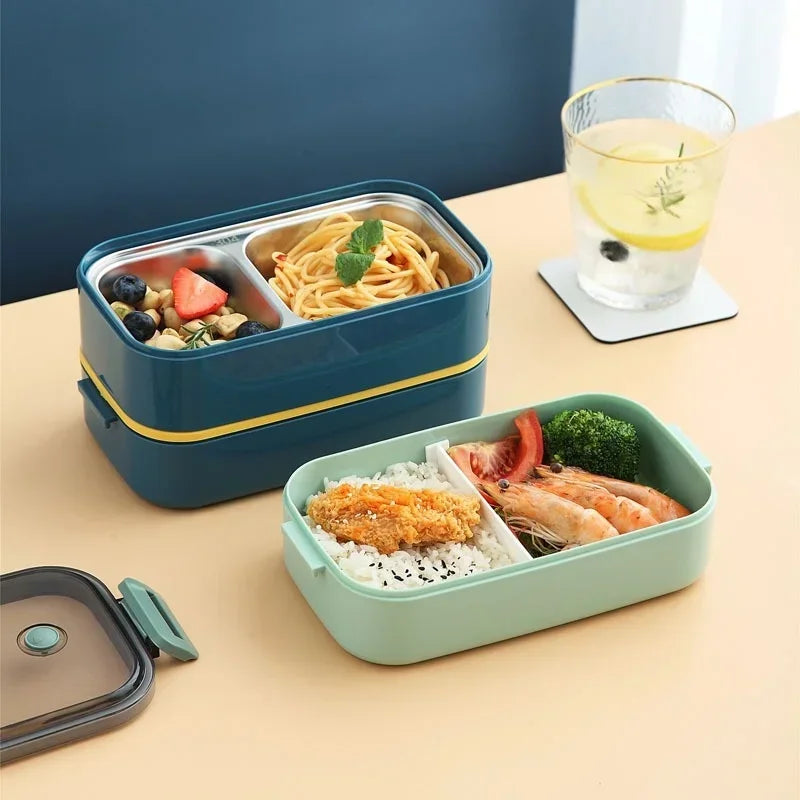 Axyaa Stainless Steel Lunch Box: Portable Microwavable Bento Food Storage, 1/2 Layers Grids