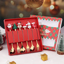 Axyaa Christmas Cutlery Set: Glod Spoon Fork, Elk & Tree Decoration, Dessert Scoop.