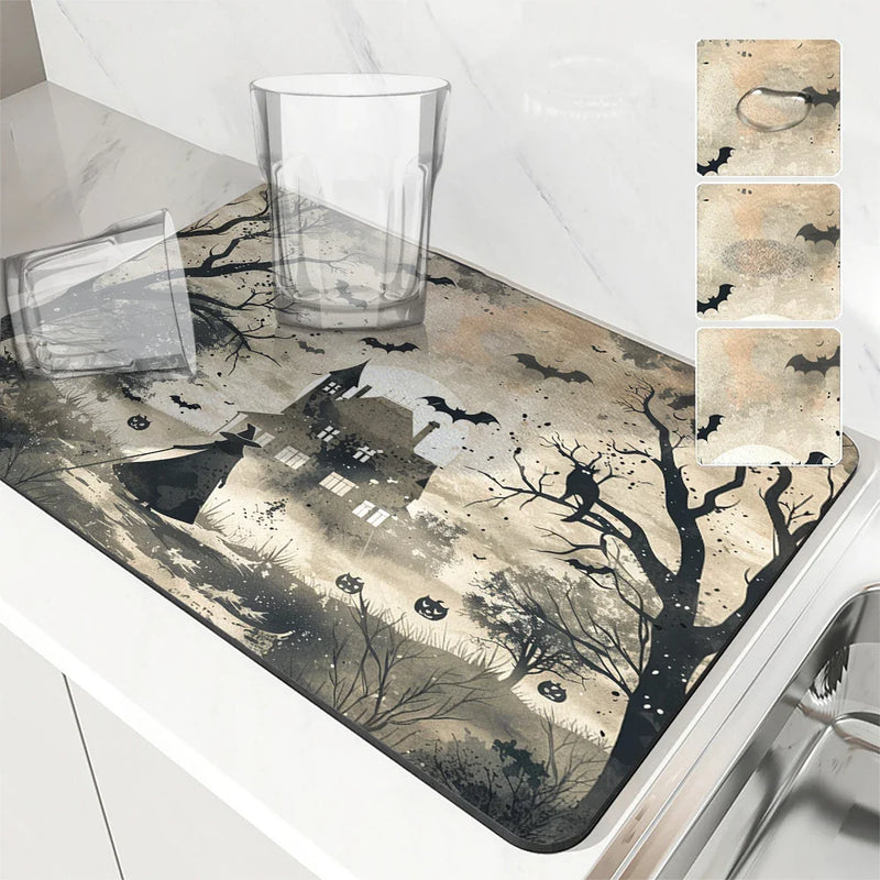 Axyaa Halloween Watercolor Draining Mat - Absorbent & Quick Dry Kitchen/Bathroom Drain Pad