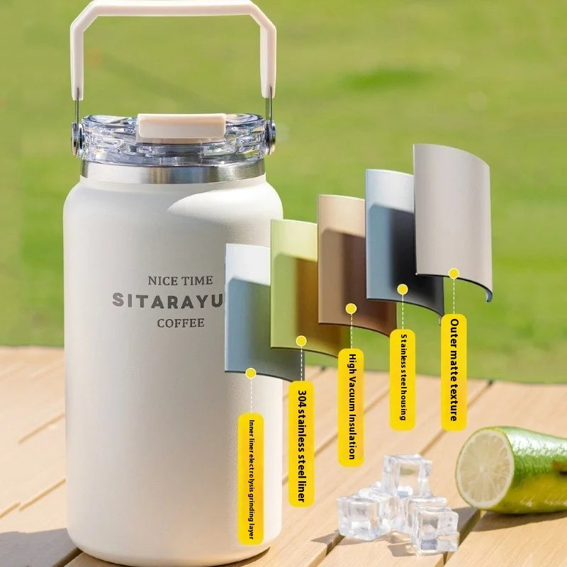 Axyaa Stainless Steel Vacuum Flask Insulated Cup with Handle, Straw, Cold&Hot Thermos Mug.