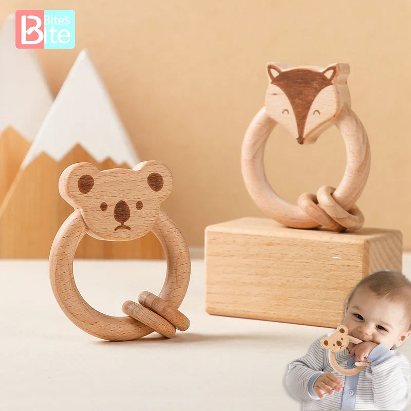 Axya Wooden Teether Stroller Toy - Natural Beech Montessori Rattle Fox Bear