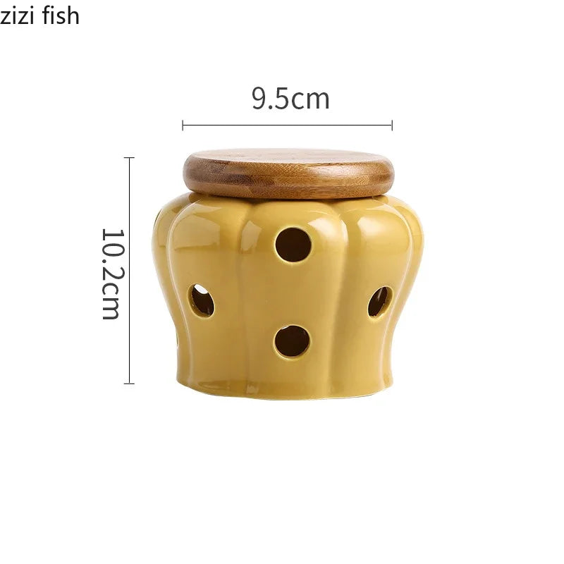 Axya Ceramic Garlic Ginger Jar with Wooden Lid Home Kitchen Organizer Container