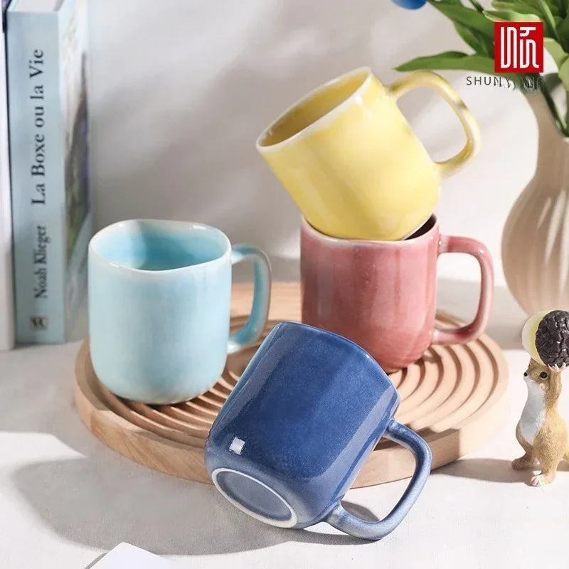 Axyaa 440ml Ceramic Coffee Mug with Handle, Solid Color Irregular Cup Home Breakfast Oat Cup