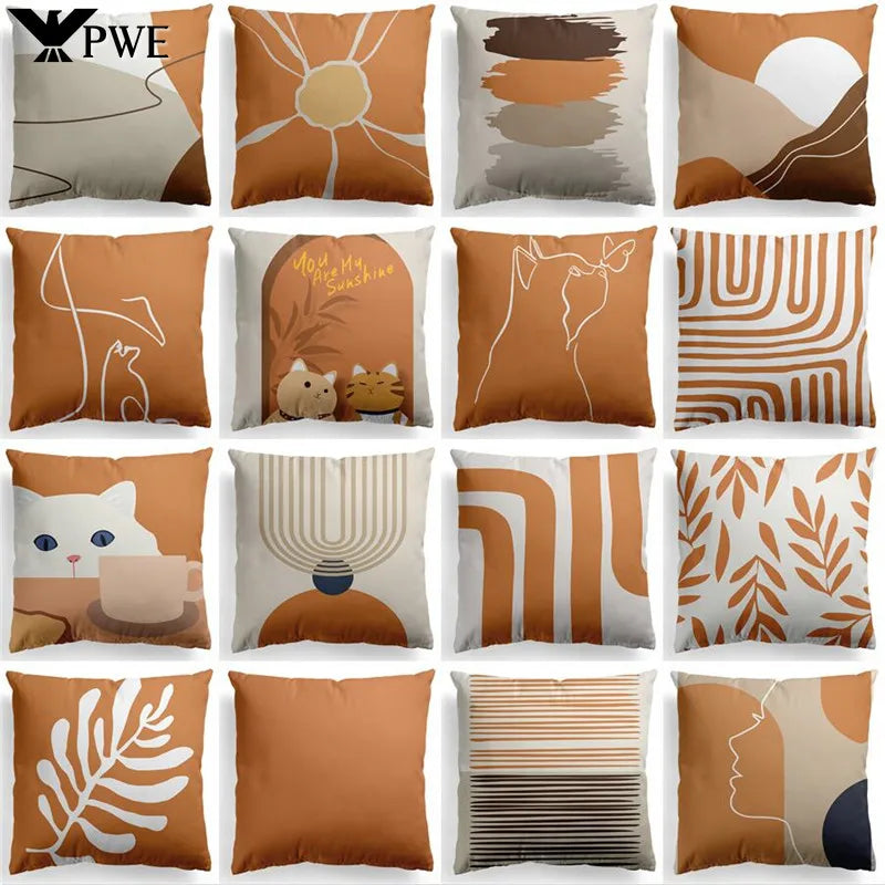 Axyaa Nordic Orange Geometric Flower Print Throw Pillow Cover for Home and Office