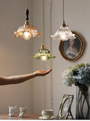 Axyaa Vintage Floral Glass Pendant Lamp with Handblown Lampshade—Brass or Wood Fixture