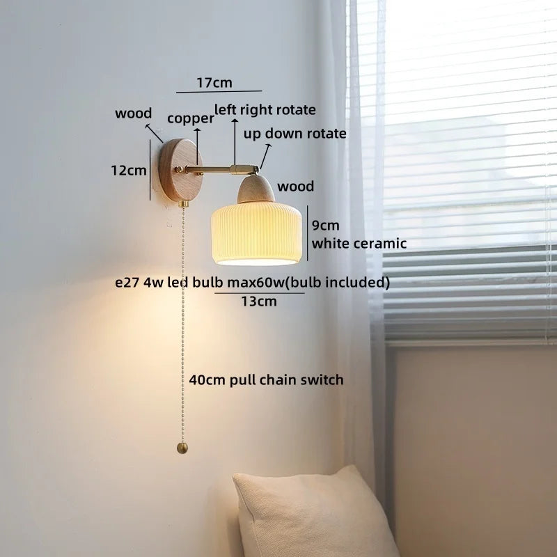 Axyaa White Ceramic LED Wall Sconce – Wooden Socket Stair Wall Light
