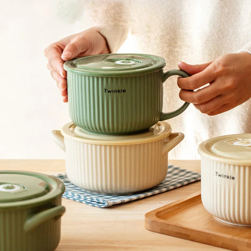 Axya Striped Ceramic Noodle Bowl with Handle for Kitchen Tableware and Microwave Safe