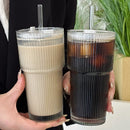Axyaa Striped Glass Coffee Cup with Straw, Large Capacity Cold Drink Cup
