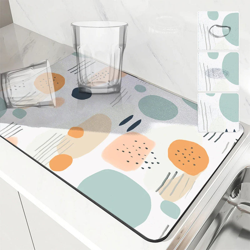 Geometric Color Block Non-Slip Absorbent Mat by Axyaa: Kitchen Counter Drain Mat
