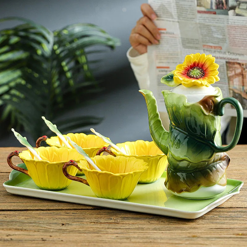 Axya Sunflower Tea Set with Embossed Flowers for Afternoon Tea