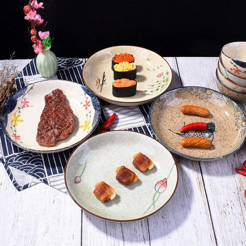 Axya Hand-painted Ceramics Japanese Dinner Plate Set for Desserts, Salad, Pasta, and Dipping Sauce