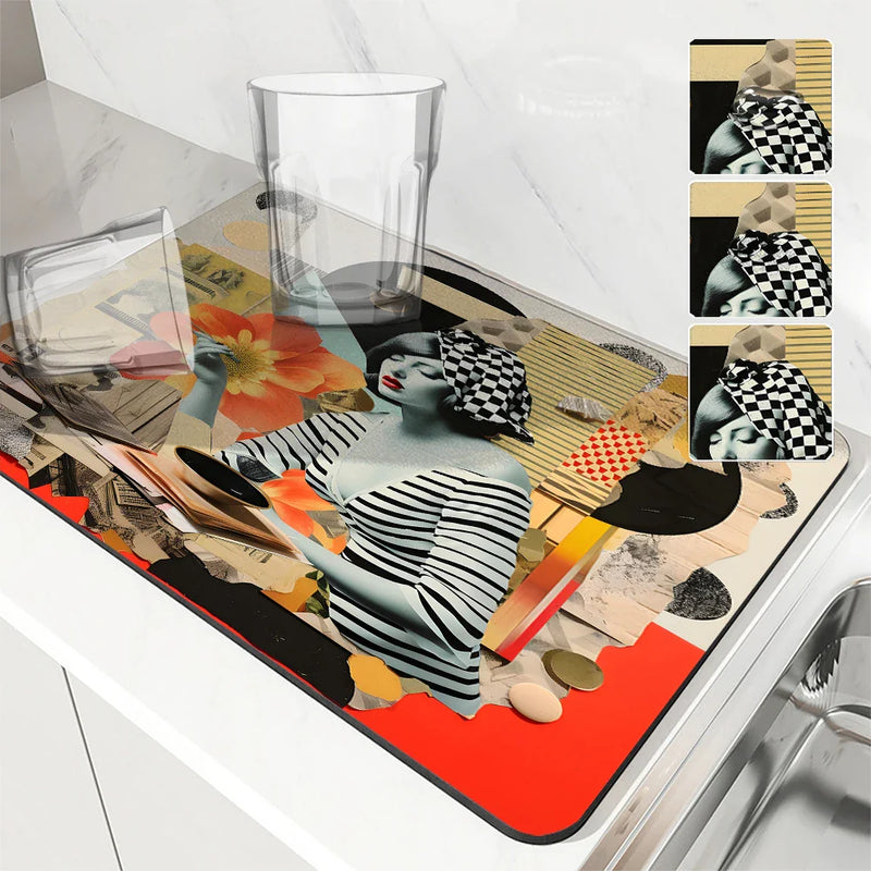 Axyaa Geometric Flower Coffee Cup Drying Mat, Non-slip & Absorbent Kitchen Counter Mat