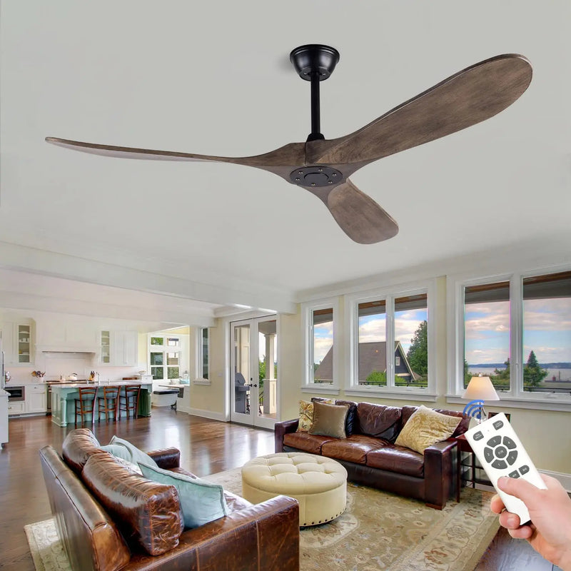 Axyaa 52/60/70in Retro Wooden Ceiling Fan, Remote Control, Black, Smart Inverter, No LED