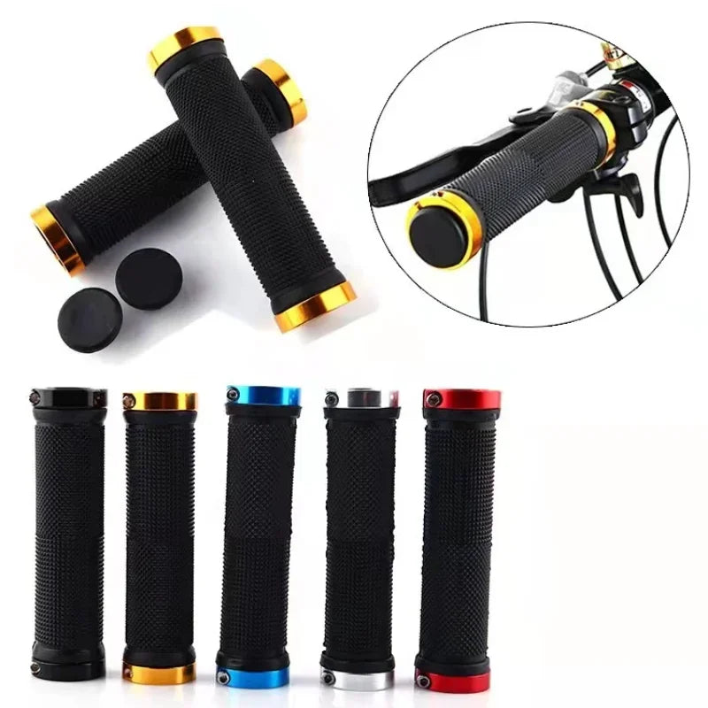 Axyaa Rubber MTB Grips with Alloy Cuffs - Anti-skid Bilateral Lock Handlebar Sleeve