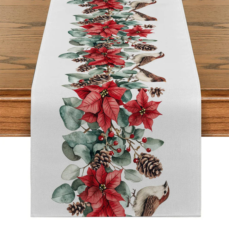 Axyaa Festive Table Runner - Christmas Bird Poinsettia Holly Fir Pine Cone