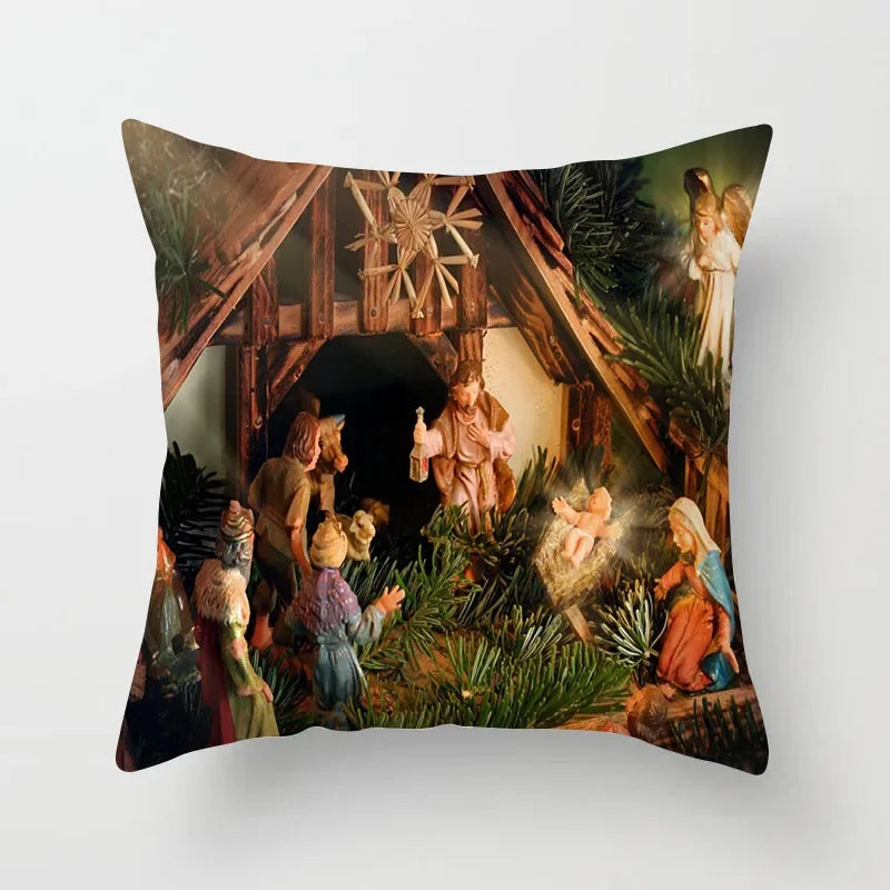 Retro Oil Painting Christmas Pillowcase - Axyaa Nativity Cushions Case Jesus Christ Print Throw Pillows Case