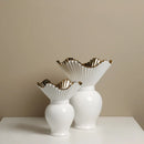 Axyaa White Ceramic Ruffle Edge Belly Vase - Elegant Home & Office Decor