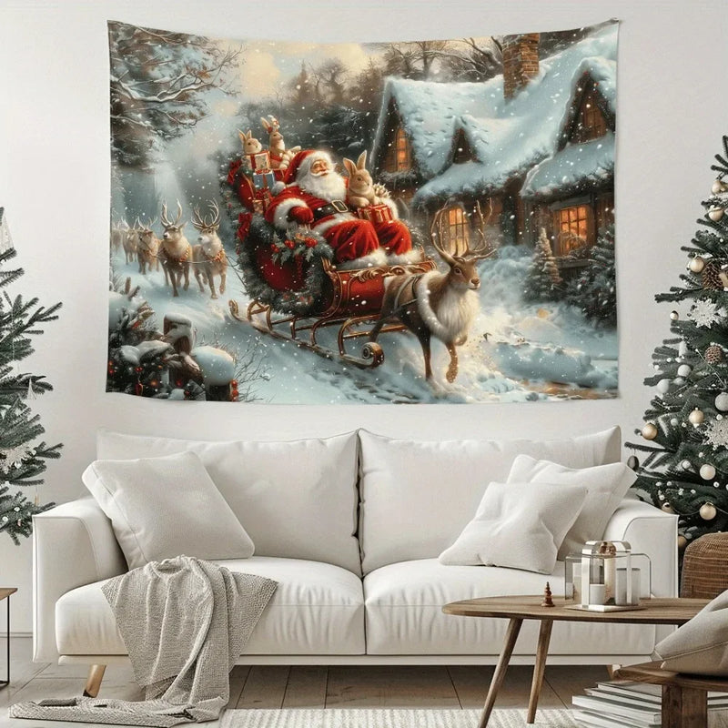 Axyaa Christmas Santa Claus Reindeer Print Tapestry Party Decoration Background Cloth