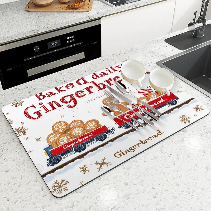 Christmas Gingerbread Snowflake Drying Mat by Axyaa: Non-Slip Absorbent Kitchen Placemat