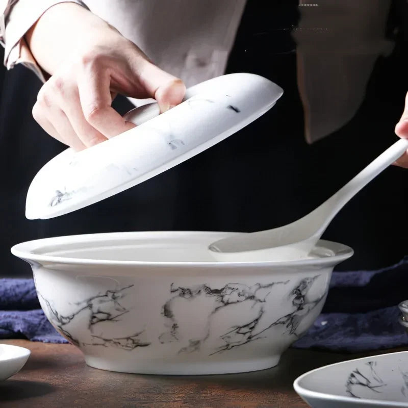 Axya Nordic Marbling Ceramics Cutlery Set - Round Oval Plate Bowl Spoon Pot Kitchen Tableware