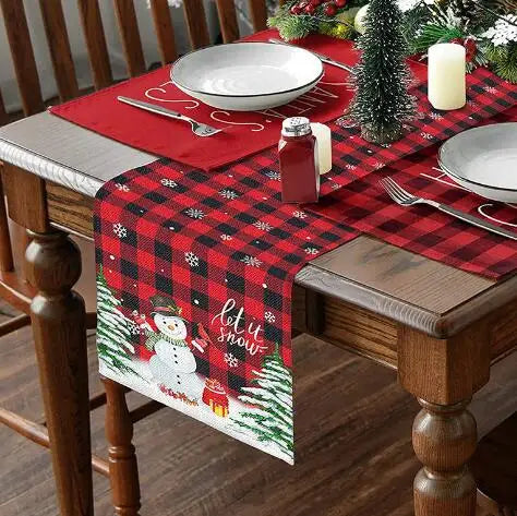 Axyaa Christmas Table Runner with Festive Gnome Tree Snowman Design