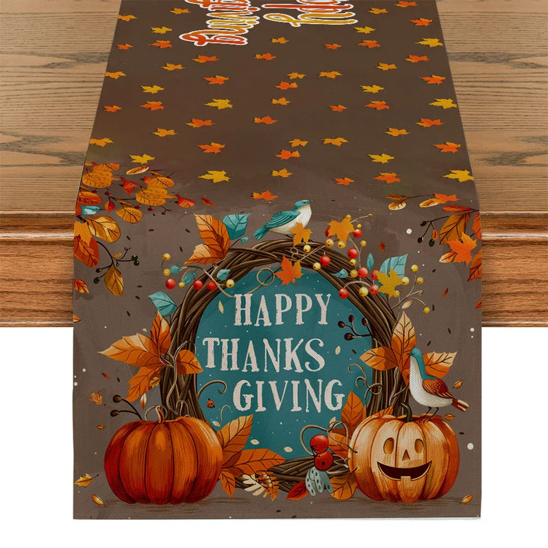 Axyaa Thanksgiving Plants Garland Pumpkin Bird Table Runner for Kitchen Dining Decor