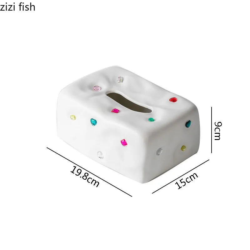 Gemstone-Set Ceramic Tissue Box & Cartoon Crystal Toilet Paper Holder by Axya for Desktop Organization