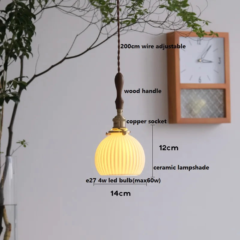 Axyaa White Ceramic LED Pendant Light with Wood Handle - Bedroom Living Room Lamp