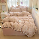 Axyaa Cream Lace Girl Powder Grid Korean Double-Layer Quilt Cover Set