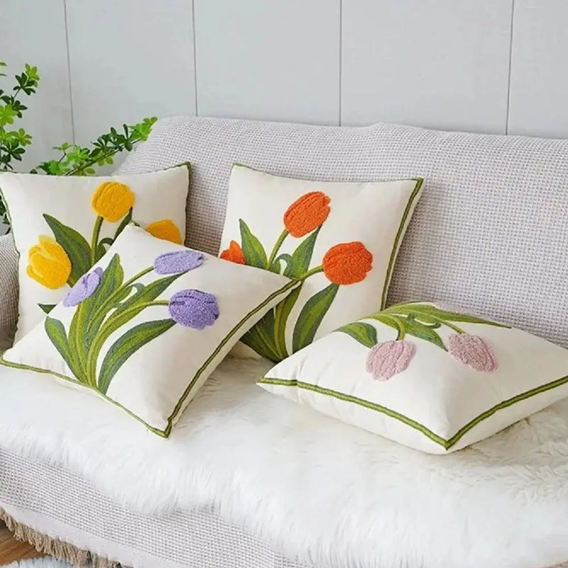 Axyaa Tulip Embroidered Throw Pillow Cover - Pastoral Style Decorative Cushion
