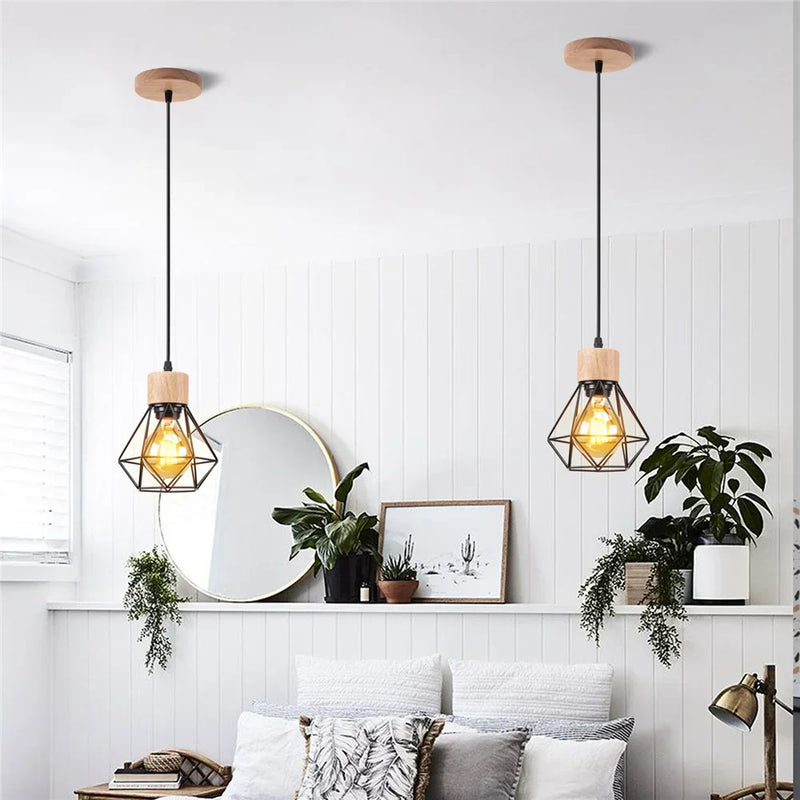 Axyaa Wood Iron Cage Pendant Lamp 1/3 Heads for Living Room Kitchen Restaurant