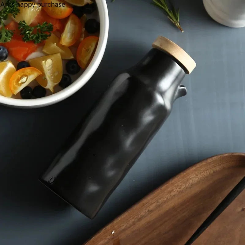 Axya Ceramic Oil Bottle with Wooden Cover, Leakproof Spice Container