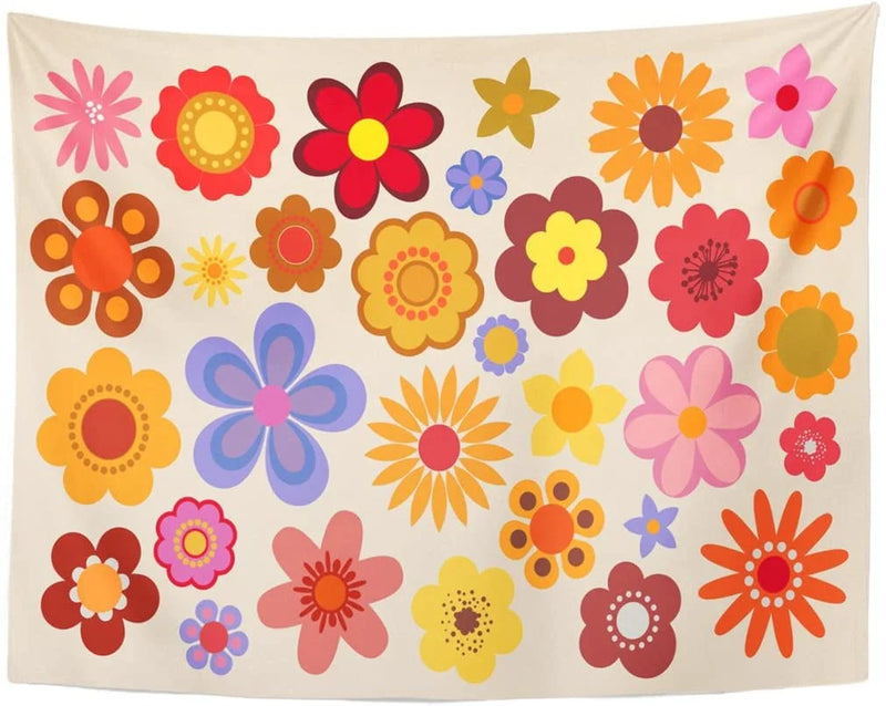 Axyaa Retro Floral Tapestry Wall Hanging: Orange & Green 70's Power Theme