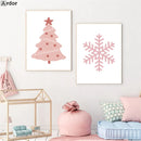 Boho Pink Christmas Tree Snowflake Wall Art Print Set by Axyaa