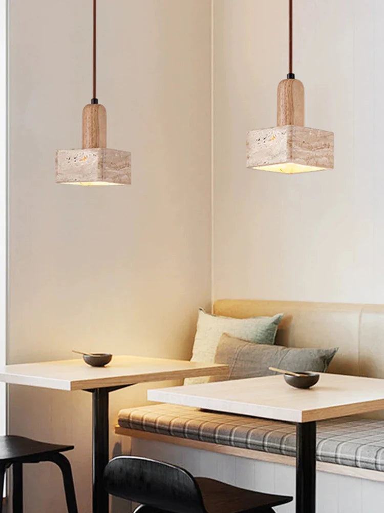 Axya Solid Wood Square Stone Chandelier, Retro Style E27 Pendant Lamp for Bedroom, Living Room