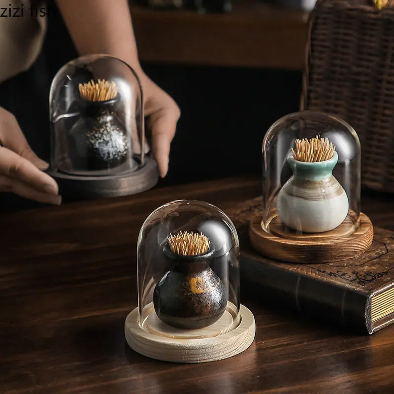 Axya Retro Ceramic Toothpick Box Glass Cover Holder