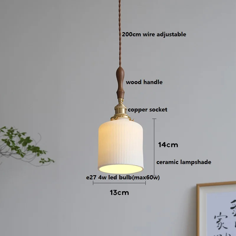 Axyaa White Ceramic LED Pendant Light with Wood Handle - Bedroom Living Room Lamp