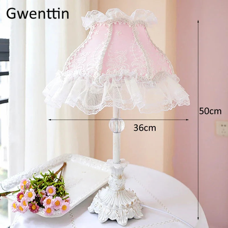 Axyaa Nordic Pink Lace Fabric LED Table Lamp for Bedroom Princess Decor