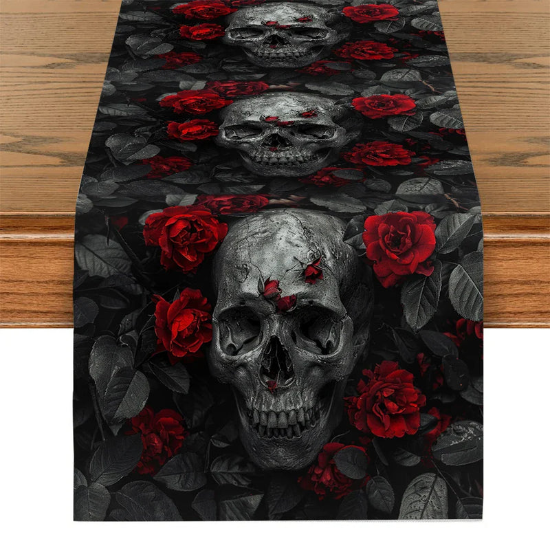 Axyaa Halloween Skull Flower Table Runner