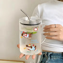 Axyaa Glass Water Bottle with Lid and Straw - 1000ml Cute Kawaii Design