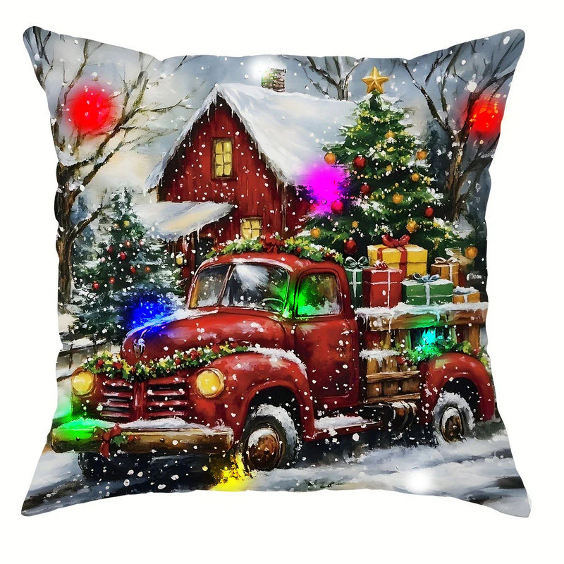 Axyaa LED Light Luminous Pillowcase with Festive Truck Christmas Tree Design